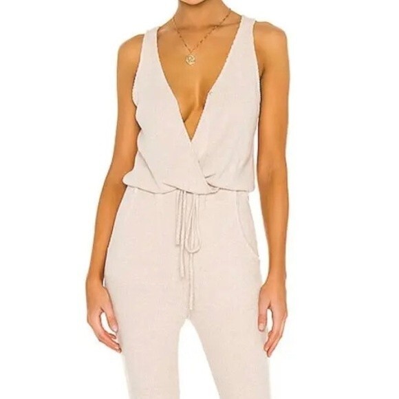 LBLC The Label Samantha High Waisted Ribbed Jumpsuit in Oatmeal Beige Revolve M - Picture 2 of 16